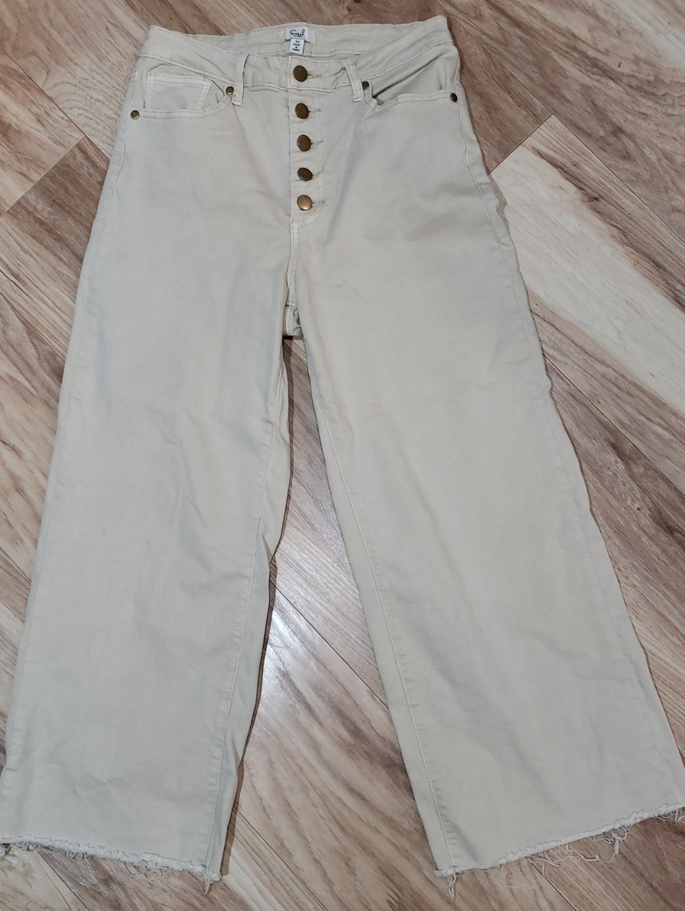 Easel High Rise Wide Leg Beige Button Fly Pants Jeans 7/8